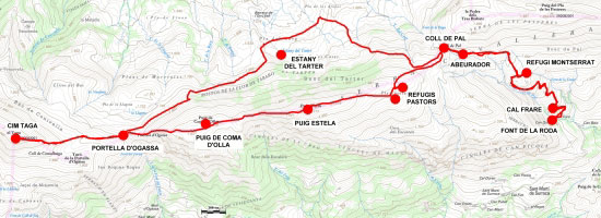 Plànol recorregut de la ruta Coll de Pal - Puig Estela - Taga