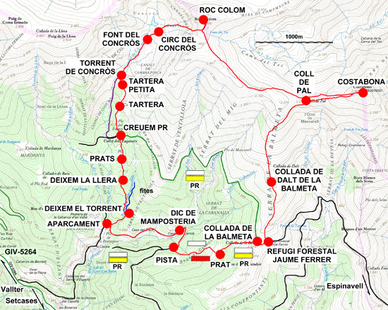 Plànol recorregut de la ruta Circ de Concròs - Costabona