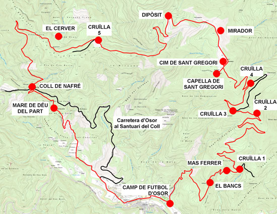 Plànol recorregut de la ruta Osor - Sant Gregori - Coll de Nafré - Osor