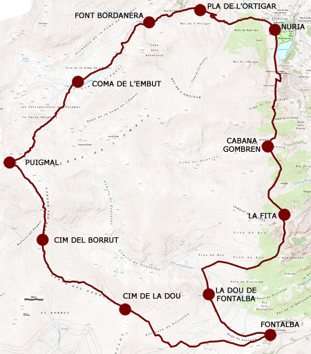 Plànol recorregut de la ruta Fontalba - Puigmal - Núria