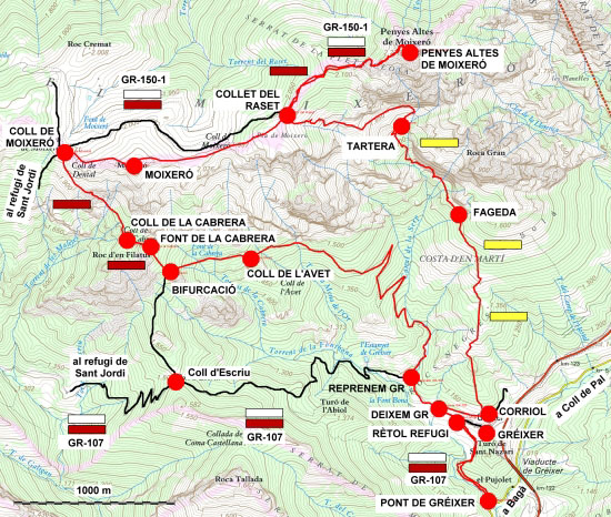 Plànol recorregut de la ruta Gréixer - Penyes Altes - Moixeró